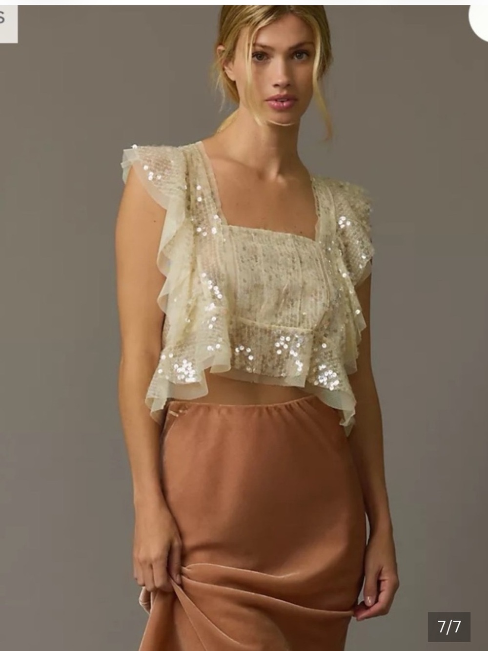 Anthropologie Cream Sequin Ruffle Crop Top